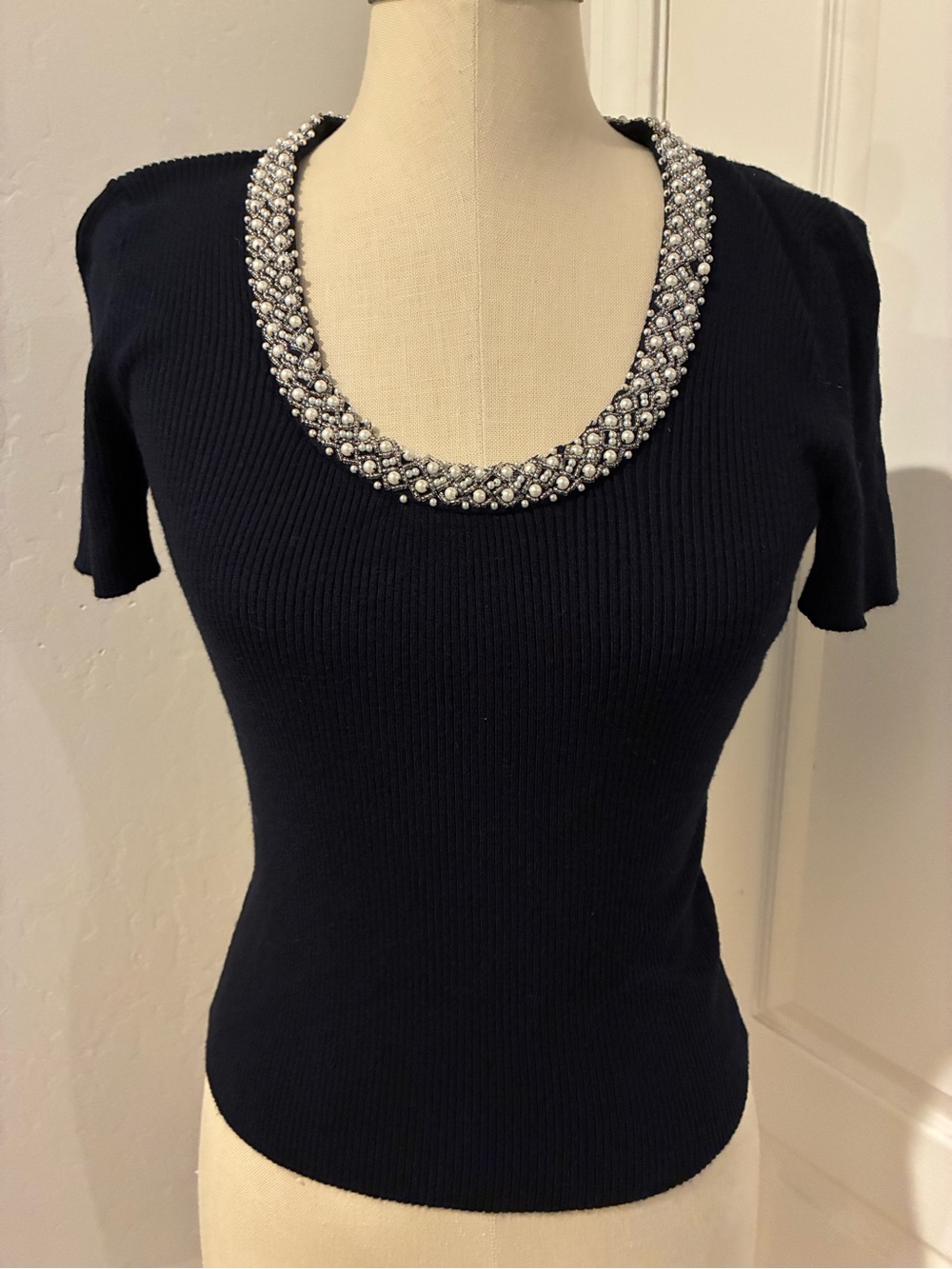 INC International Concepts Black Short-Sleeve Jewel Collar Knit Top